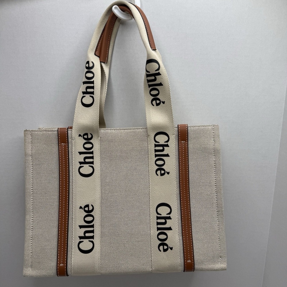 Chloé Woody Medium Tote Beige Canvas Brown Leather Logo Tote Bag Italy